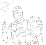 anthro bald cavemanon_studios ceratopsian clothing dinosaur duo fan_character female goodbye_volcano_high hi_res human male mammal military military_uniform monochrome nazi nazi_uniform ornithischian prehistoric_species reptile scalie scar shock_trooper_(artist) smoking snoot_game triceratops trish_(gvh) uniform