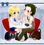  1girl ahoge artoria_pendragon_(all) bag blonde_hair bookbag casual character_name chibi drink drinking_straw fate/zero fate_(series) green_eyes green_hair lancer_(fate/zero) medemoisellecu miniskirt ponytail saber shared_drink short_hair signature skirt yellow_eyes 