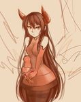  akka_(oniro) bandages bare_shoulders breast_squeeze breasts claw_(weapon) dress gloves halterneck highres horns long_hair medium_breasts mismatched_gloves oniro pantyhose pas_(paxiti) red_gloves short_dress sketch solo very_long_hair weapon 