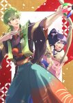  1boy 1girl black_hair blue_eyes bow bow_(weapon) brother_and_sister drawing_bow fire_emblem fire_emblem:_the_sacred_stones fire_emblem_heroes furisode green_hair hagoita hair_bow highres holding holding_bow_(weapon) holding_weapon innes_(fire_emblem) japanese_clothes kimono paddle pink_kimono riou_(pooh920) siblings standing tana_(fire_emblem) weapon wide_sleeves 