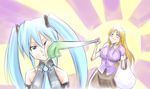  2girls aqua_hair bleach blush breasts crossover dunga epic hatsune_miku inoue_orihime large_breasts leek long_hair multiple_girls orange_hair smile spring_onion teal_hair twintails vocaloid 