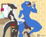 absurd_res against_surface against_wall anal anal_penetration anthro avian avian_feet balls beak big_balls big_penis bird blue_body bodily_fluids bright_eyes claws cum cum_in_ass cum_inside dark_eyes duo fan_character feathers furniture genital_fluids genitals hi_res humanoid_genitalia humanoid_penis looking_at_another looking_back looking_pleasured macaw male male/male mirror multicolored_body muscular muscular_anthro muscular_male neotropical_parrot parrot penetration penis perineum size_difference smaller_male spix&#039;s_macaw tail thelordjoshua1 true_parrot vase