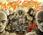  1girl 6+boys bald blonde_hair bloodshot_eyes blue_eyes boots car double_neck_guitar glasgow_smile goggles gun gunka_(maggot0111) handgun holding holding_gun holding_plectrum holding_weapon immortan_joe imperator_furiosa mad_max mad_max:_fury_road mask max_rockatansky motor_vehicle multiple_boys nux_(mad_max) plectrum prosthesis prosthetic_arm prosthetic_nose rictus_erectus scar scar_on_cheek scar_on_face the_doof_warrior the_people_eater weapon 
