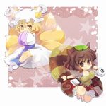  :3 animal_ears blonde_hair bloomers bottle brown_eyes brown_hair chibi covering_mouth dress fox_tail futatsuiwa_mamizou glasses hands_in_opposite_sleeves hat leaf leaf_on_head multiple_girls multiple_tails notepad raccoon_ears raccoon_tail sake_bottle sen1986 shirt short_hair skirt smile tabard tail tanuki touhou underwear white_dress yakumo_ran yellow_eyes 