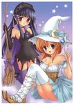  blue_eyes broom corset costume dress furude_rika gloves hair_ornament hairband hat higurashi_no_naku_koro_ni houjou_yutori jewelry long_hair multiple_girls orange_hair purple_eyes purple_hair ribbon ryuuguu_rena short_hair sky smile star thighhighs wand witch_hat 