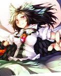 arm_cannon black_hair bow breasts cape feathers hair_bow kazetto large_breasts long_hair red_eyes reiuji_utsuho smile solo third_eye touhou weapon wings 