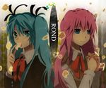  blue_eyes blue_hair hatsune_miku leaves long_hair mariwai_(marireroy) megurine_luka pink_hair taiyou_to_tsuki_no_rondo_(vocaloid) twintails vocaloid 