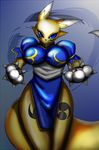  1girl blue_eyes bracelet breasts canine china_dress chinese_clothes chinese_dress chun-li chun-li_(cosplay) claws cosplay costume crossover digimon dress female fox furry jewelry korarubi mammal no_humans pantyhose renamon solo spiked_bracelet spikes street_fighter tail video_games 