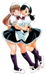  2girls apron black_eyes black_hair black_skirt black_socks blush bow bowtie breasts brown_eyes brown_hair commentary_request frilled_skirt frills from_side full_body grin hand_on_another's_arm hands_on_another's_waist highres hug kneehighs large_breasts looking_at_viewer maid maid_headdress multiple_girls open_mouth ponytail puffy_short_sleeves puffy_sleeves red_bow red_bowtie shirt shoes short_sleeves simple_background skirt smile socks sogabe_toshinori standing standing_on_one_leg twintails usagi_kanae ushigome_yuna waist_apron white_apron white_background white_footwear white_shirt yankee_jk_kuzuhana-chan 