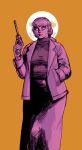  1girl bomber_jacket closed_mouth commentary fear_&amp;_hunger_(series) fear_&amp;_hunger_2:_termina feet_out_of_frame finger_on_trigger gun hand_in_pocket handgun hexenzsen highres holding holding_gun holding_weapon jacket karin_(fear_&amp;_hunger) looking_back luger_p08 moon_behind_head open_clothes open_jacket orange_background plump ponytail purple_theme rher_(fear_&amp;_hunger) simple_background skirt solo standing sweater weapon 