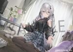  1girl alternate_costume aqua_eyes belt black_nails black_sweater blue_skirt breasts clothing_cutout commentary_request company_name controller copyright_notice couch cup curtains desk double-parted_bangs frilled_pillow frills game_controller hair_ornament hair_ribbon high-waist_skirt high_belt indoors isaya_(pixiv4541633) jewelry lamp long_bangs long_hair long_sleeves looking_at_viewer mole mole_under_eye mole_under_mouth mug necklace nijisanji official_art on_cushion open_hand pantyhose pillow plaid_clothes plaid_skirt ribbon sample_watermark shoulder_cutout sitting skirt solo sophia_valentine suspender_skirt suspenders sweater television turtleneck turtleneck_sweater vase virtual_youtuber watermark yokozuwari 