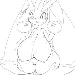 anthro big_breasts blush bodily_fluids breasts female fur generation_4_pokemon hi_res huge_breasts kneeling long_ears lopunny monotone_body monotone_fur motion_lines nintendo nipples obikuragetyan pokemon pokemon_(species) simple_background solo sweat tears thick_thighs white_background wide_hips