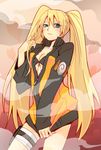  :3 bandage bandages blonde_hair blue_eyes breasts cleavage facial_mark genderswap hair hair_twirling holster jacket long_hair looking_at_viewer naruko naruto open_clothes open_jacket retpa shirt_tug solo standing thigh_holster twintails uzumaki_naruto very_long_hair zipper 