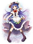  :d blue_hair boots bow cross-laced_footwear dress eyebrows_visible_through_hair food frilled_dress frills fruit full_body hand_on_headwear hat highres hinanawi_tenshi lace-up_boots long_hair looking_at_viewer mauve open_mouth peach simple_background smile solo touhou white_background yellow_eyes 