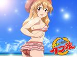  ass beach bikini brown_eyes brown_hair day extra hat parody shinryaku!_ikamusume shirosato solo swimsuit tanabe_kozue 