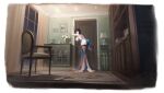  1girl absurdres against_door armchair artist_request ass azur_lane back backless_dress backless_outfit bare_arms bare_back bare_shoulders bent_over black_footwear black_hair black_thighhighs blue_dress blue_flower blue_footwear blush bookshelf breasts brown_thighhighs cabinet ceiling_light chair chien_wu_(azur_lane) chien_wu_(dressed_for_just_tonight)_(azur_lane) china_dress chinese_clothes desk desk_lamp door dress earrings evening_gown floral_print flower from_behind from_side full_body garter_straps hair_between_eyes hair_flower hair_ornament high_heels highres huge_ass huge_breasts indoors jewelry knee_up lace-trimmed_legwear lace-trimmed_thighhighs lace_trim lamp large_breasts leaning_forward legs long_dress looking_at_viewer looking_back medium_hair mole multicolored_hair night night_sky no_bra non-web_source official_alternate_costume official_art painting_(object) parted_lips pelvic_curtain picture_frame plant potted_plant putting_on_footwear red_eyes shadow shelf shoes side_slit sideboob sky sleeveless sleeveless_dress smile solo standing star_(sky) stiletto_heels table thick_thighs thighhighs thighs toes vase white_flower wide_shot window wooden_chair 