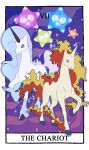  absurdres animal_focus border card_(medium) carrotzmoonman commentary english_commentary flat_color full_body galarian_rapidash highres horse minior minior_(blue_core) minior_(core) minior_(green_core) minior_(orange_core) minior_(violet_core) no_humans nostrils pokemon pokemon_(creature) rapidash roman_numeral tarot tarot_(medium) the_chariot_(tarot) white_border 