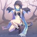  bad_id bad_pixiv_id blue_scarf blush boots brown_hair dragon_girl dragon_tail dragon_wings flat_chest horns long_hair monster_girl one_knee open_mouth original scarf smile solo tail tougetsu_gou tree wings 
