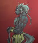  eye_patch eyewear grin male mammal solo sword topless wakky weapon wolf 