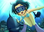  bikini black_hair bubble copyright_request coral diving dolphin flippers freediving goggles goggles_on_eyes nature non-web_source ocean short_hair smile solo swimming swimsuit tsune_(dreamers_express) underwater water 
