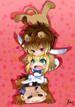  2boys :3 =_= ahoge animal_costume artoria_pendragon_(all) black_hair blonde_hair blue_eyes bunny_costume chibi dog_costume fate/zero fate_(series) gilgamesh gradient_eyes heart lancer_(fate/zero) lion_costume mole mole_under_eye multicolored multicolored_eyes multiple_boys red_eyes saber short_hair tears whiskers xkbyzqz 