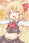  blonde_hair blush chiya fang hair_ribbon navel outstretched_arms ribbon rumia short_hair smile solo spread_arms touhou 