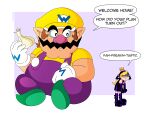  1boy 1girl :t absurdres angry annoyed bags_under_eyes bare_shoulders big_nose black_dress black_gloves blonde_hair boots brown_hair cabbie_hat cleft_chin clenched_hand cross_cutout crown dress elbow_gloves facial_hair failure food garlic gloves hair_over_one_eye hat highres holding holding_food hood hood_up hooded_dress hunched_over initial latex latex_dress leather_dress letter_print long_hair mario_(series) mario_power_tennis mario_tennis mini_crown mini_person minigirl mustache nico-neko on_floor overalls pink_gemstone pink_nose platform_boots pointy_ears pout purple_dress purple_gloves purple_overalls shaded_face shirt sideways_glance sitting wario warupeach white_gloves x_cutout yellow_hat yellow_shirt 