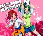  ball clothes_around_waist eyelashes green_eyes green_hair hair_ornament hairclip hino_akane_(smile_precure!) midorikawa_nao multiple_girls nanairogaoka_middle_school_uniform necktie neue_takuya pink_background ponytail precure red_eyes red_hair school_uniform short_hair skirt sleeves_rolled_up smile smile_precure! soccer_ball sweater sweater_around_waist telstar 