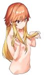  1girl bangs blonde_hair breasts closed_mouth commentary_request eyebrows_visible_through_hair hands_up highres idolmaster idolmaster_cinderella_girls long_hair looking_at_viewer muchi_maro multicolored_hair navel ninomiya_asuka nipples nude orange_hair red_eyes small_breasts solo two-tone_hair upper_body 