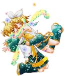  1girl blonde_hair bow brother_and_sister daisy detached_sleeves flower hair_bow happy kagamine_len kagamine_rin one_eye_closed sakanashi short_hair shorts siblings simple_background star twins vocaloid white_background 