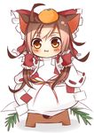  :3 animal_ears bow brown_hair cat_ears chibi hair_bow hair_tubes hakurei_reimu japanese_clothes kagami_mochi new_year simple_background sleeves_past_wrists solo tosura-ayato touhou white_background yellow_eyes 