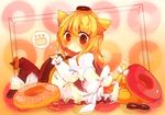  animal_ears apron bad_id bad_pixiv_id bite_mark blonde_hair blush bow cat_ears cat_tail crown doughnut eating food frills hat hat_ribbon kirisame_marisa long_hair nanahamu open_mouth pastry pinky_out red_eyes ribbon sitting solo tail tail_bow tail_wagging touhou witch_hat 