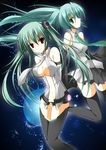  absurdres arms_behind_back bad_id bad_pixiv_id breasts cleavage detached_sleeves dual_persona green_eyes green_hair hair_between_eyes hatsune_miku hatsune_miku_(append) highres large_breasts long_hair multiple_girls nanahosi_seiiki necktie red_eyes smile thighhighs very_long_hair vocaloid vocaloid_append 