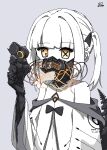  1girl black_mask blue_archive blunt_bangs broken_mask colored_skin commentary_request ein_(blue_archive) extra_pupils highres holding holding_mask kiroshi long_sleeves looking_at_viewer mask mechanical_hands mechanical_tail medium_hair mouth_mask respirator simple_background solo symbol-shaped_pupils tail twintails white_hair white_skin x-shaped_pupils yellow_eyes 