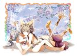  2girls :3 ^_^ anklet bare_shoulders barefoot brown_eyes brown_hair chin_rest chopsticks closed_eyes earmuffs feet floral_background flower food grey_hair hair_flower hair_ornament holding jewelry long_hair looking_at_another lying makizushi mononobe_no_futo multiple_girls no_hat no_headwear no_socks nude nyotaimori on_back on_stomach planted_sword planted_weapon ponytail shirt shoes short_hair silver_hair skirt sleeveless sleeveless_shirt sushi sword touhou toyosatomimi_no_miko weapon yetworldview_kaze yuri 