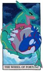  absurdres card_(medium) carrotzmoonman claws cloud commentary english_commentary flat_color groudon highres kyogre night no_humans open_mouth outdoors pokemon pokemon_(creature) rayquaza roman_numeral screenshot_background sharp_teeth sparkle star_(sky) tarot tarot_(medium) teeth wheel_of_fortune_(tarot) yellow_eyes 