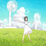  bad_id bad_pixiv_id brown_hair cloud day electric_fan kazemachi_kei original outstretched_arms oversized_object sky solo 