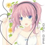  bad_id bad_pixiv_id bare_shoulders blue_eyes blush cable collarbone dress face flower headphones highres long_hair looking_at_viewer mizunashi_kenichi open_mouth original pink_hair solo strap_slip sundress upper_body 