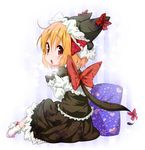  alternate_costume bad_id bad_pixiv_id black_gloves blonde_hair bow capelet child cup floral_print gloves hair_ribbon hat hat_with_ears highres jigatei_(omijin) open_mouth pillow red_eyes ribbon rumia shirt short_hair sitting skirt slippers solo touhou 