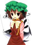  animal_ears arms_behind_back bad_id bad_pixiv_id brown_eyes brown_hair cat_ears cat_tail chen fang fish hat highres multiple_tails open_mouth solo tail touhou tououtei 