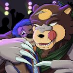 1:1 arm_around_another brown_body brown_fur clothed_male duo flirting fur generation_8_pokemon green_kerchief hi_res holding_close hug kerchief licking licking_lips lights male male/male mammal mustelid nightclub nintendo open_mouth otter pandottermon party pokemon pokemon_(species) teeth tongue tongue_out ursaluna