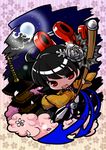  ahoge bell black_hair blue_wings carnation chibi cloud floral_print flower frills full_moon hair_flower hair_ornament holding houjuu_nue japanese_clothes kimono moon night pagoda polearm red_eyes red_wings short_hair socha solo star stone tassel teeth touhou trident weapon wings 