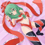  black_legwear breasts frills green_eyes green_hair hair_ribbon highres kagiyama_hina medium_breasts naked_ribbon nigo_(aozoragarou) ribbon solo thighhighs touhou 