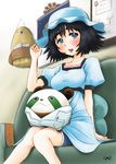  backpack bag black_hair blue_eyes chair get9 hand_on_headwear hat labcoat metal_upa multicolored multicolored_eyes open_mouth shiina_mayuri short_hair shorts sitting smile solo steins;gate 