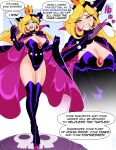  1girl absurdres aged_up black_cape black_gloves black_hood black_leotard blonde_hair blue_eyes bomb boots bracelet breasts cape cleavage collared_cape controller crown elbow_gloves explosive fangs gloves hair_over_one_eye high_collar highleg highleg_leotard highres holding holding_cape holding_remote_control holding_unworn_clothes hood hood_up jewelry large_breasts latex latex_boots latex_gloves latex_leotard laughing leather leather_boots leather_gloves leather_leotard leotard light_blush long_hair mario_(series) mario_power_tennis mario_tennis mini_mushroom nico-neko ojou-sama_pose open_mouth pink_cape pink_gemstone power-up purple_cape purple_gloves purple_hood purple_leotard remote_control sidelocks skull_brooch skull_print smug solo spiked_belt spiked_bracelet spikes strapless thigh_boots transformation warupeach 