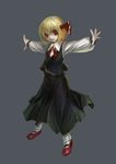  blonde_hair bobby_socks brooch child dress_shirt full_body highres jewelry mary_janes outstretched_arms pale_skin red_eyes rumia shirt shoes short_hair simple_background skirt smile socks solo spark621 spread_arms touhou white_legwear 