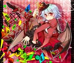  alternate_costume ankle_lace-up bat_wings birdcage blue_hair cage card clock cross-laced_footwear cup fang frills gathers gradient hat highres kuronohana nail_polish red_eyes remilia_scarlet short_hair smile solo teacup thighhighs touhou wings 