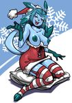  big_breasts bittenhard blue_hair blue_nipples blush breasts christmas corset eeveelution female garter_straps glaceon hair hat holidays legwear nintendo nipples pillow pok&#233;mon pok&#233;morph pok&eacute;mon red_dress santa_costume santa_hat santa_outfit sitting snowflakes solo stockings striped_stockings video_games 