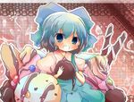  bad_id bad_pixiv_id blue_eyes blue_hair blush bow brooch candy chocolate cirno cookie flower food hair_bow holding jewelry leaf nanahamu pleated_skirt ribbon short_hair skirt smile solo touhou 