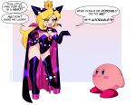  1boy 1girl absurdres animal_ears artist_name black_cape black_gloves black_hood black_leotard blonde_hair blue_eyes boots bracelet breasts cape cleavage collared_cape colored_skin crown deviantart_username elbow_gloves english_text fake_animal_ears fake_horns gloves hand_on_own_hip height_difference high_collar highleg highleg_leotard highres hood hood_up hooded_cape horned_hood horns jewelry kirby kirby_(series) large_breasts latex latex_boots latex_leotard leather leather_boots leather_leotard leotard mario_(series) mario_power_tennis mario_tennis mini_crown nico-neko pink_brooch pink_cape pink_gemstone pink_skin platform_boots platform_heels pointing pointing_at_another purple_cape purple_gloves purple_hood purple_leotard skull_brooch smug speech_bubble spiked_belt spiked_bracelet spikes strapless strapless_leotard thigh_boots twitter_logo twitter_username two-tone_cape warupeach web_address 